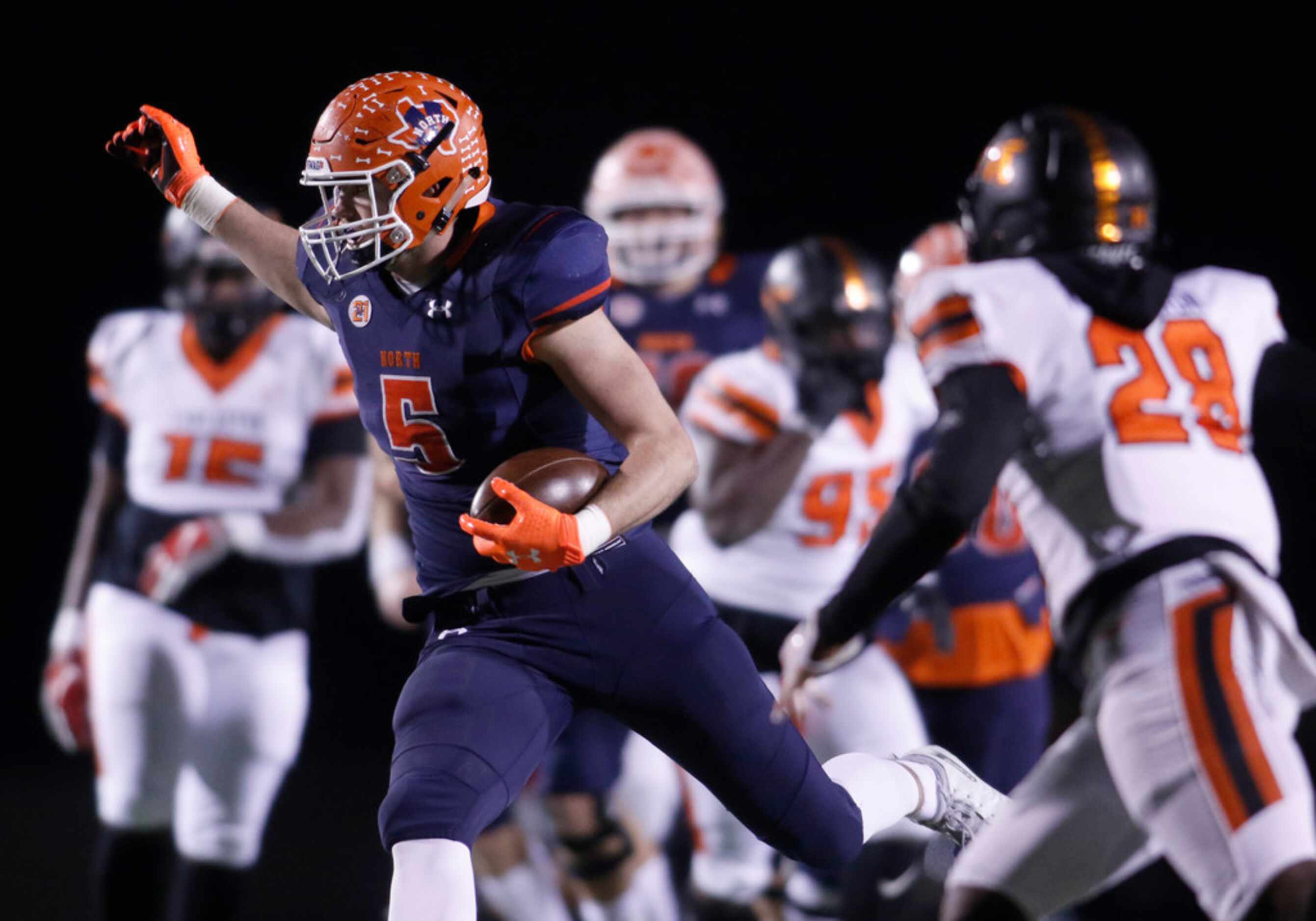 McKinney North tight end Brandon Frazier (5) rambles deep into the Lancaster secondary after...