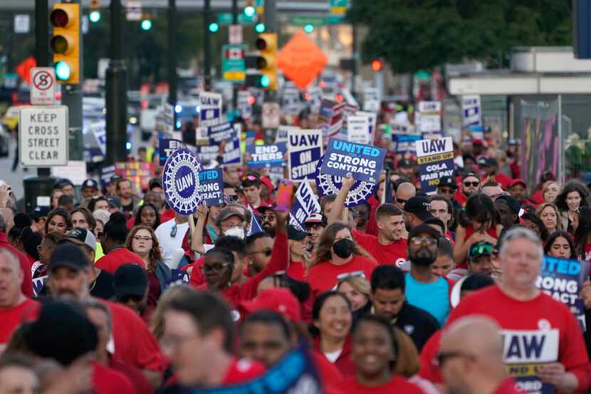 United Auto Workers members marched through downtown Detroit on Sept. 15, 2023. On Friday,...