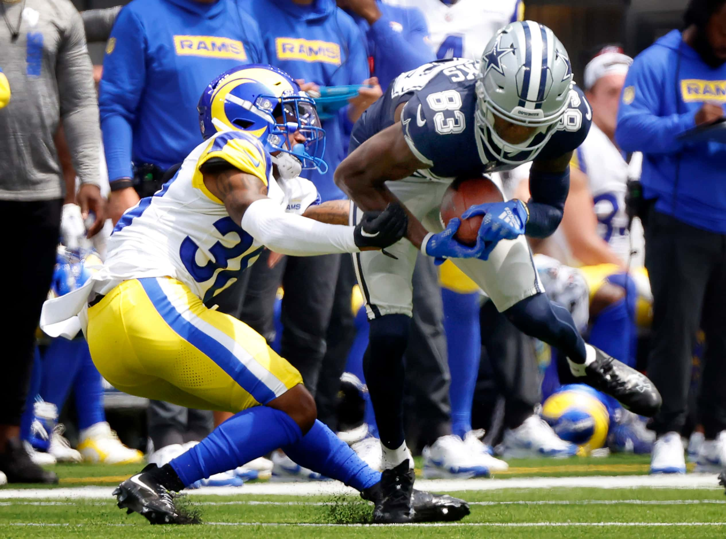 Dallas Cowboys wide receiver Jalen Brooks (83) pulls in a first quarter reception against...