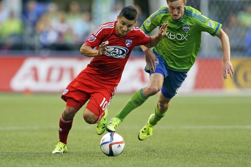 Seattle Sounders' Dylan Remick, right, challenges FC Dallas' Mauro Diaz, left, during the...