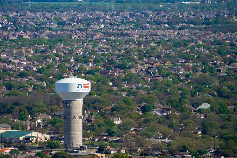Aerial view of water tower and residential neighborhood in Allen in March 2020.