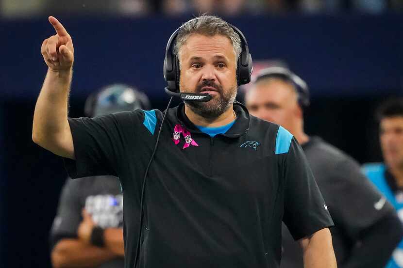 Carolina Panthers head coach Matt Rhule works the sidelines during the fourth quarter of an...