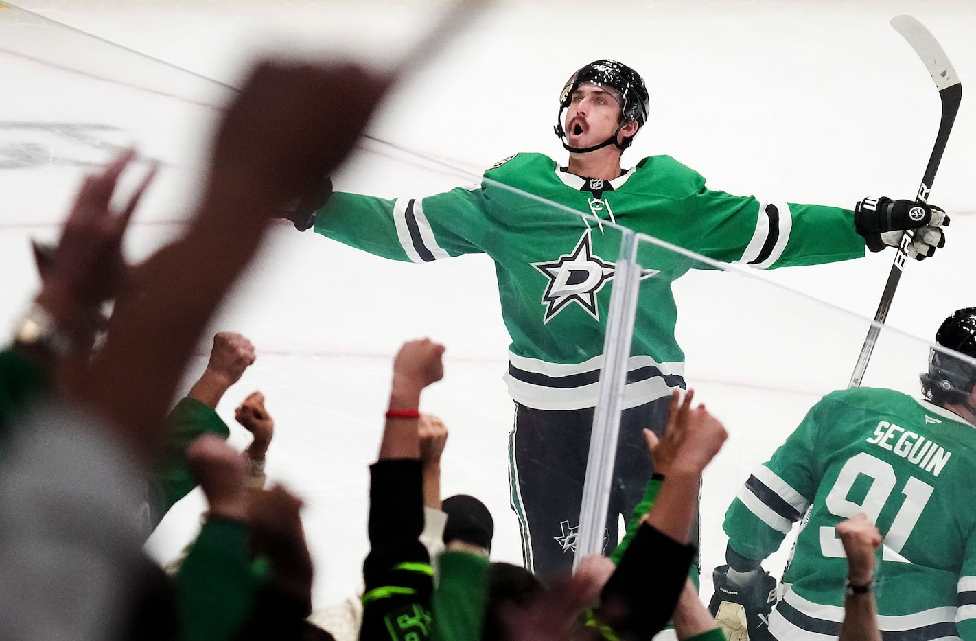 Dallas Stars left wing Mason Marchment (27) celebrates after scoring with 7:37 left in the...