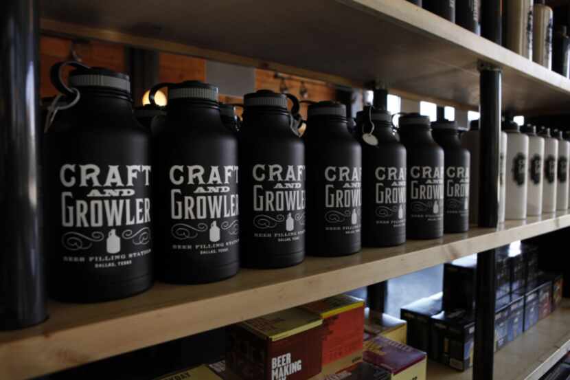 Growlers on the shelves for purchase at Craft and Growler