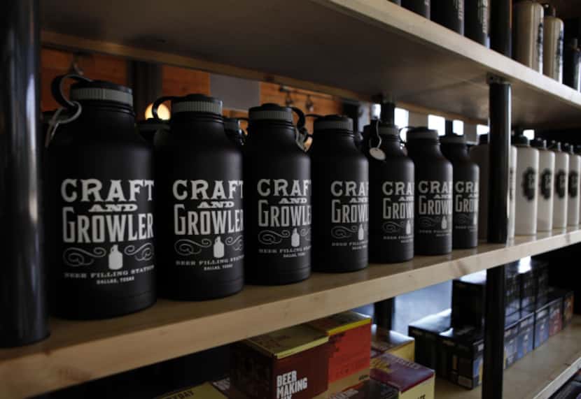 Growlers on the shelves for purchase at Craft and Growler