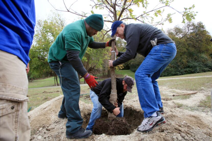 Mayor Mike Rawlings, right, helps city of Dallas employee Mark Still, left, and TXU Energy...