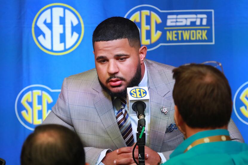 Texas A&M center Erik McCoy holds his SEC Media Days press conference at the College...