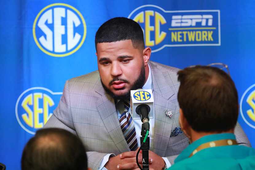 Texas A&M center Erik McCoy holds his SEC Media Days press conference at the College...