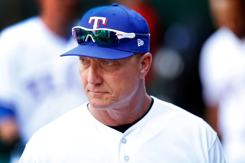 Texas Rangers manager Jeff Banister is pictured i the dugout during Opening Day at Globe...