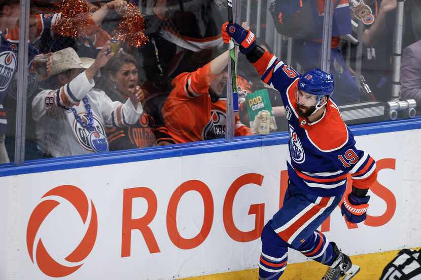 Edmonton Oilers' Adam Henrique (19) celebrates his goal against the Florida Panthers during...