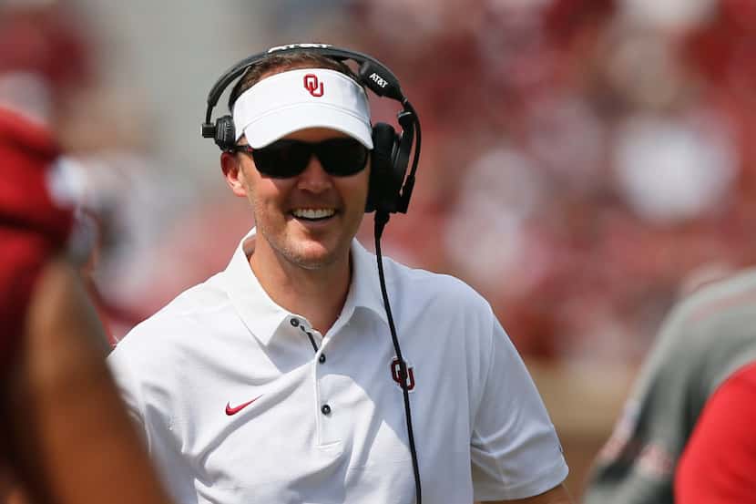 Oklahoma head coach Lincoln Riley smiles during an NCAA college football game between UTEP...
