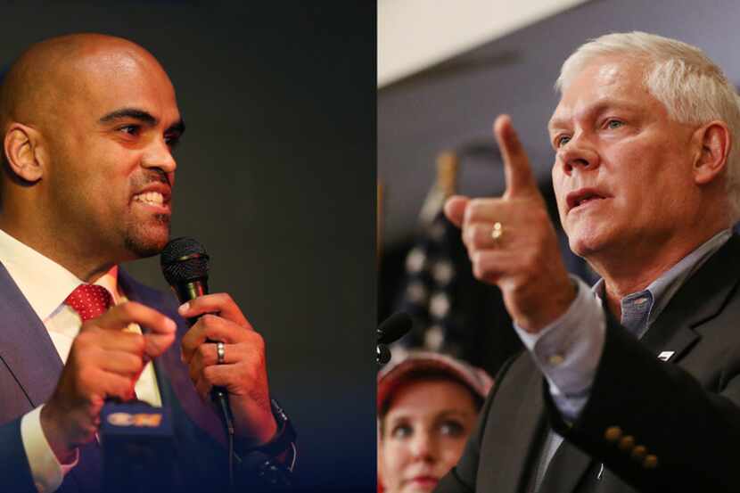 COMPOSITE PHOTO. PHOTO ON LEFT: Colin Allred speaks to supporters during an election night...