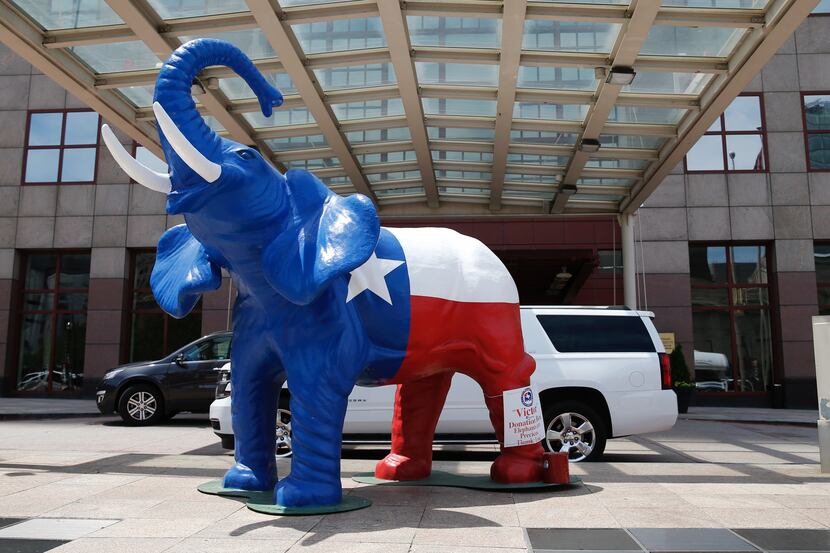 A large Texas-themed elephant staked out the front of the Texas delegate hotel for the...