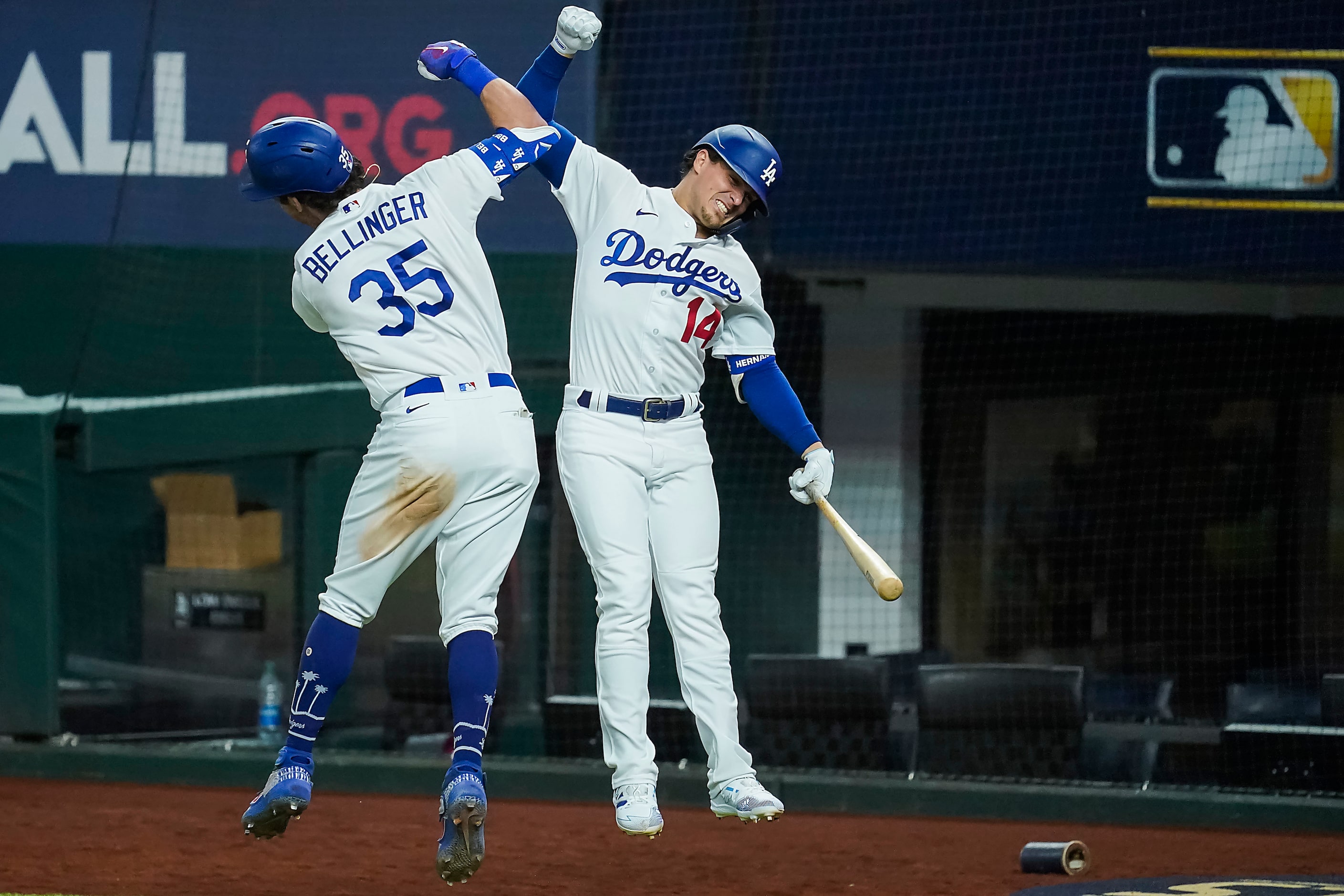 Los Angeles Dodgers center fielder Cody Bellinger (35) celebrates with designated hitter...