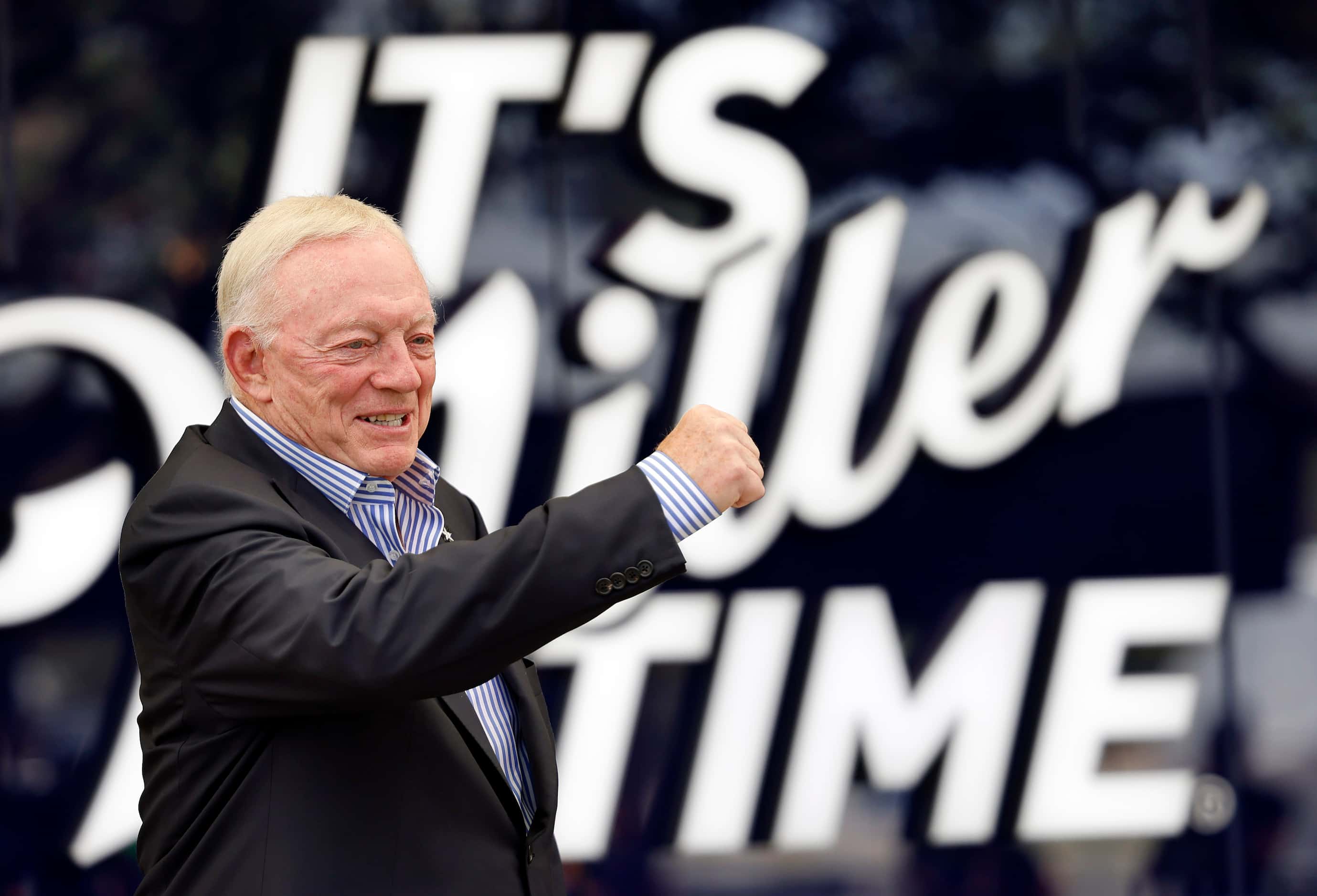 Dallas Cowboys owner Jerry Jones pumps his fist about the newly constructed Miller LiteHouse...
