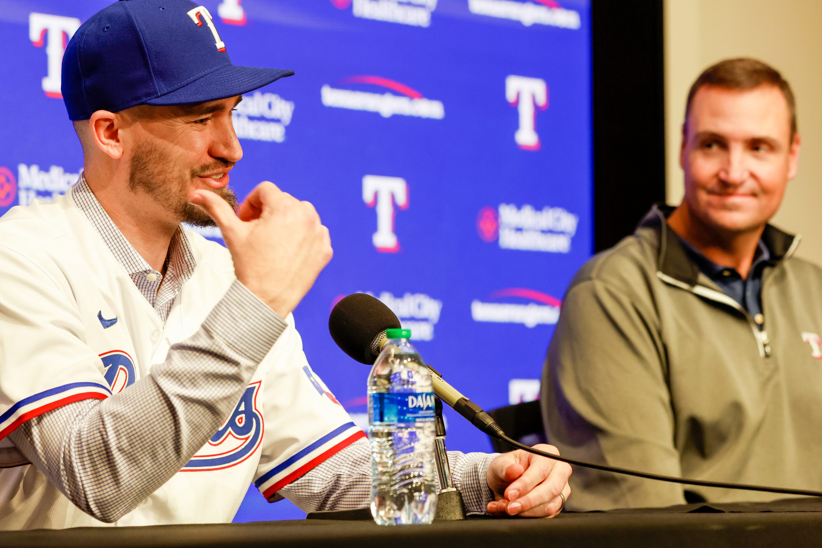 New Texas Rangers pitcher Andrew Heaney responds to media questions at Globe Life Field on...