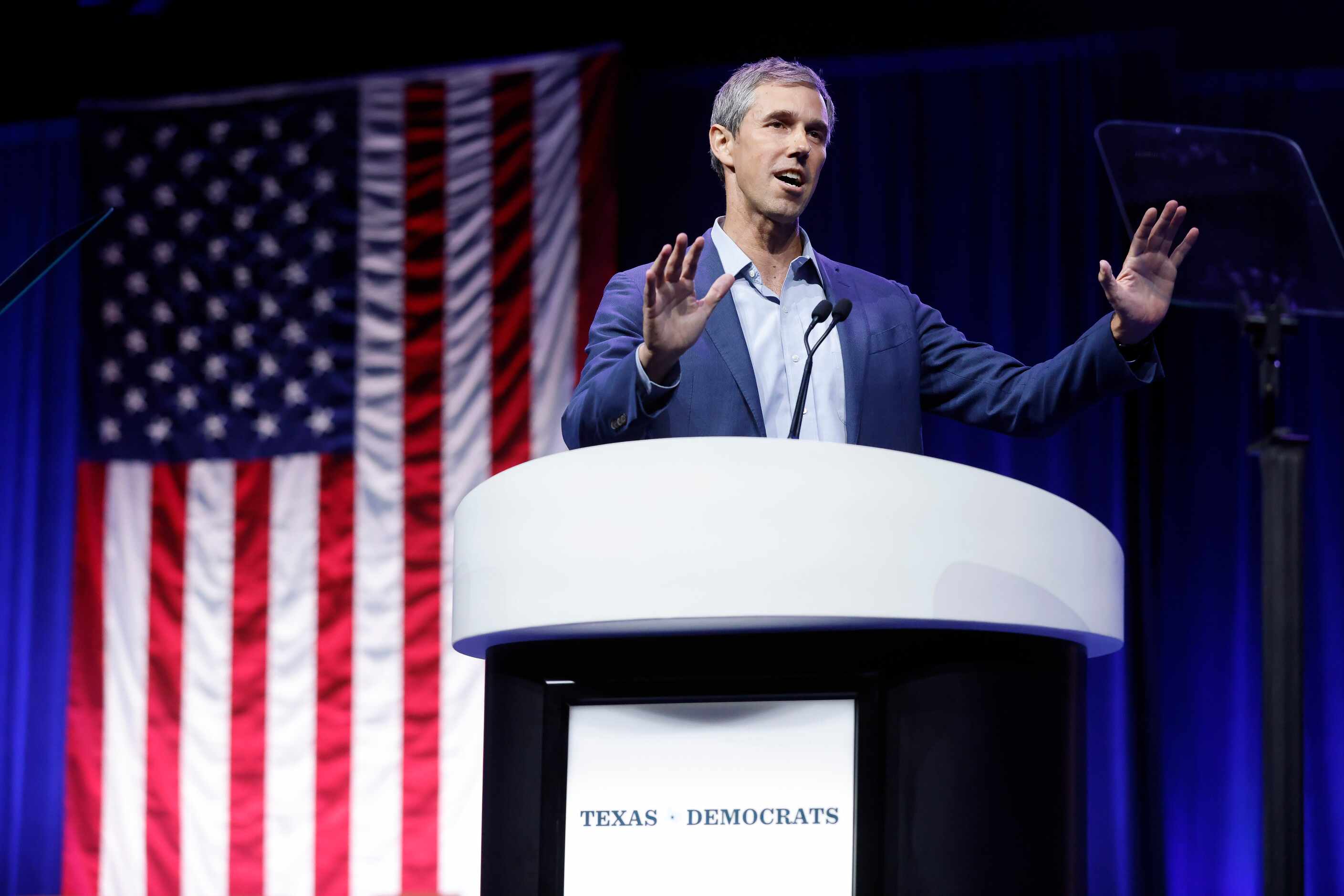 Democratic gubernatorial challenger Beto O'Rourke delivers his speech to delegates and...