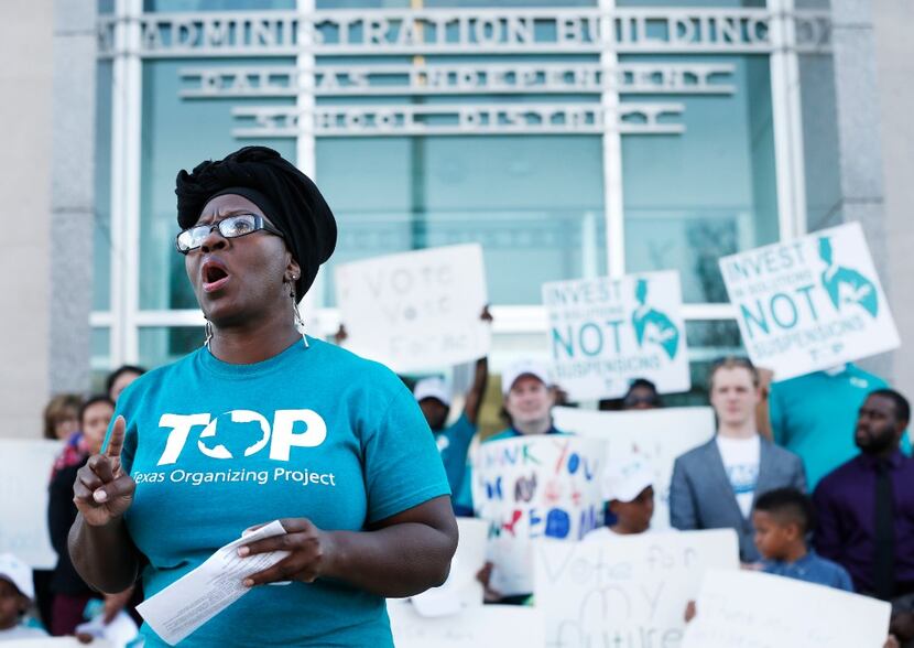 Community Organizer Monica Lindsey with the Texas Organizing Project speaks out against...