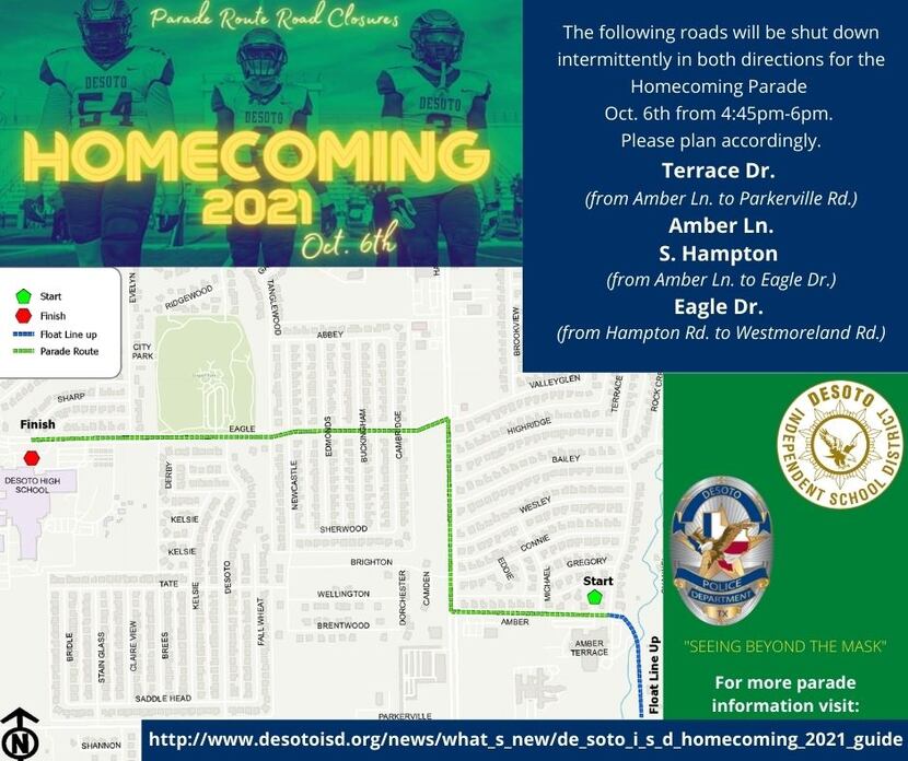 These roads will be closed during the homecoming parade set for Wednesday, Oct. 6 in DeSoto.
