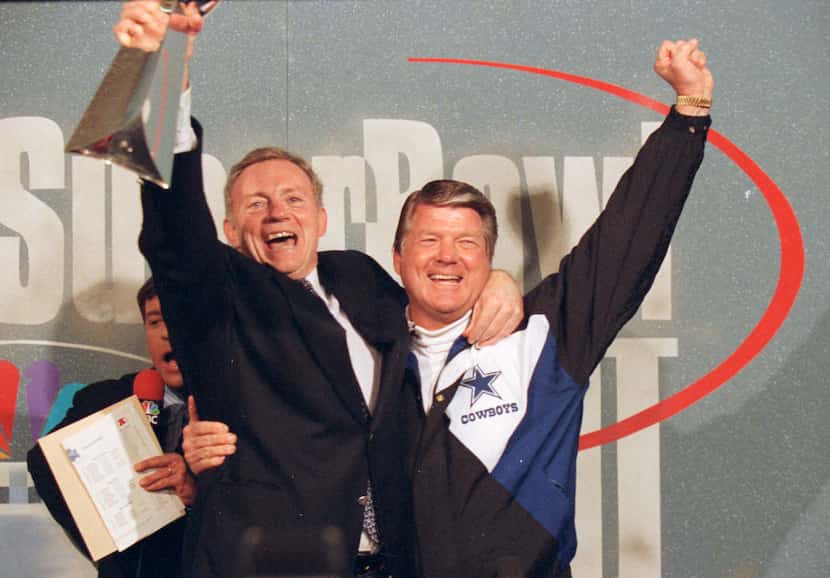 Jan. 31, 1993: Cowboys owner Jerry Jones and coach Jimmy Johnson hug as Jones holds up the...