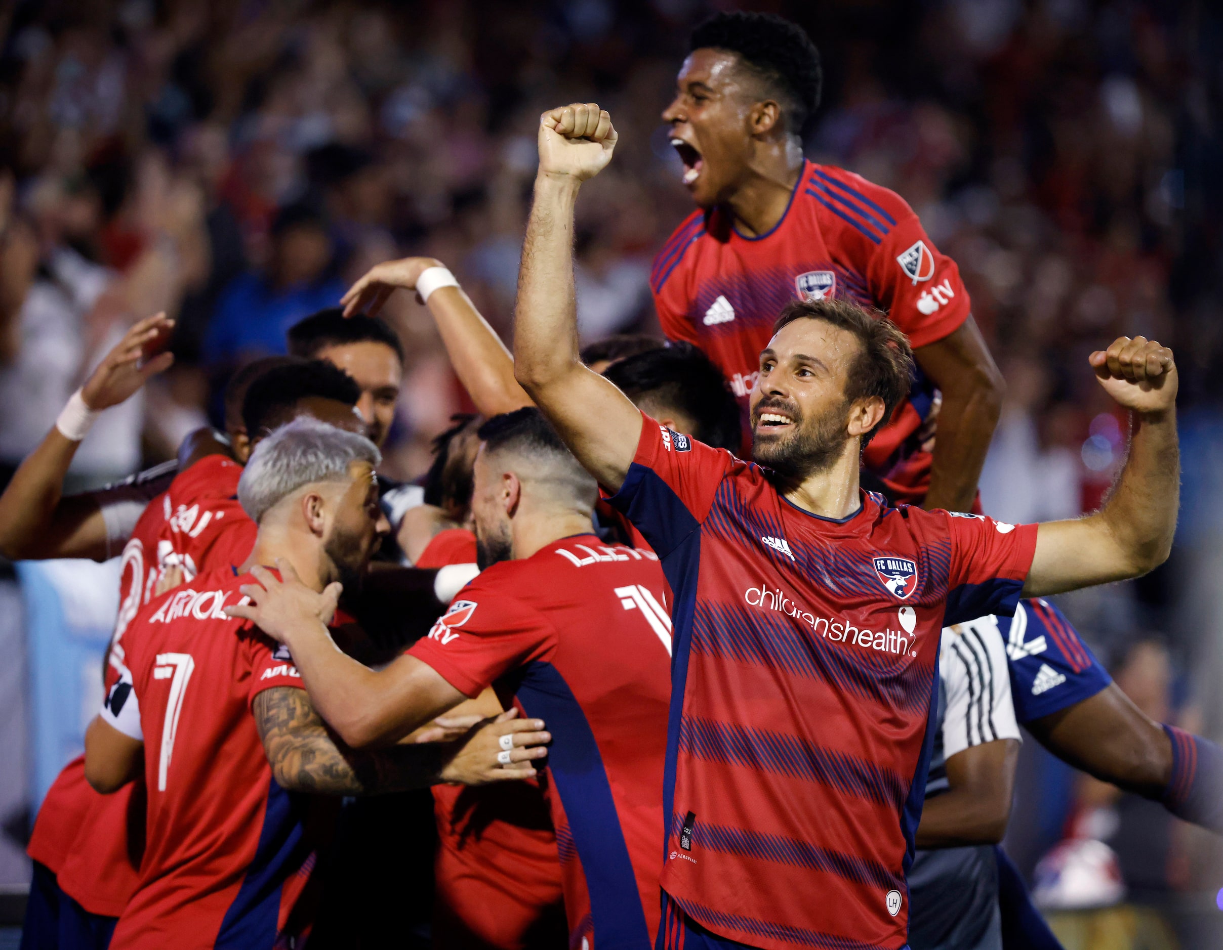 FC Dallas players celebrate forward Alan Velasco’s second half goal, including midfielder...