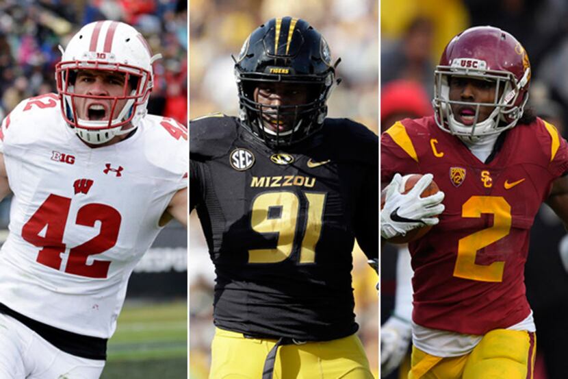 Pictured from L to R: Wisconsin's T.J. Watt, Missouri's Charles Harris and USC's Adoree'...