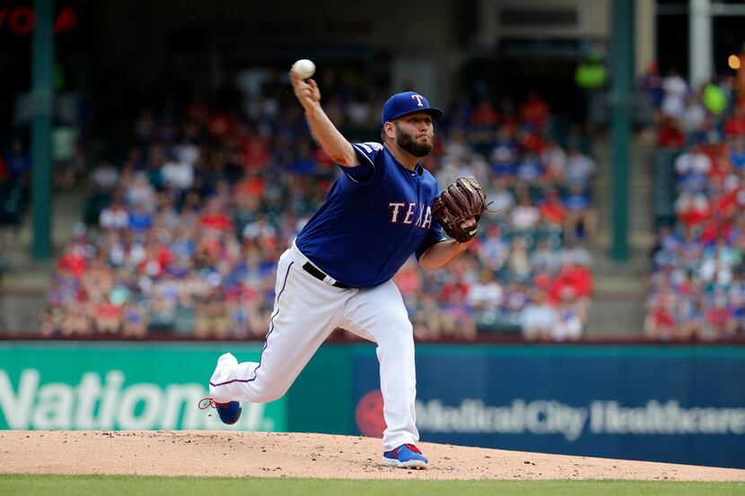 Texas Rangers starting pitcher Lance Lynn works against the Kansas City Royals int the first...