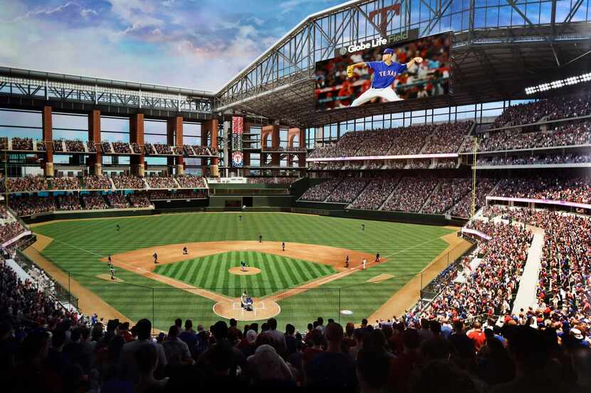 A digital rendering shows the view from the behind home plate on the main concourse of the...