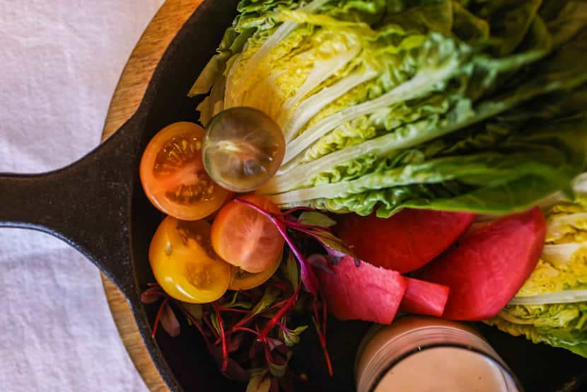 Baby Gem, heirloom cherry tomatoes and strawberry orange salad by Herd and Hearth on March...