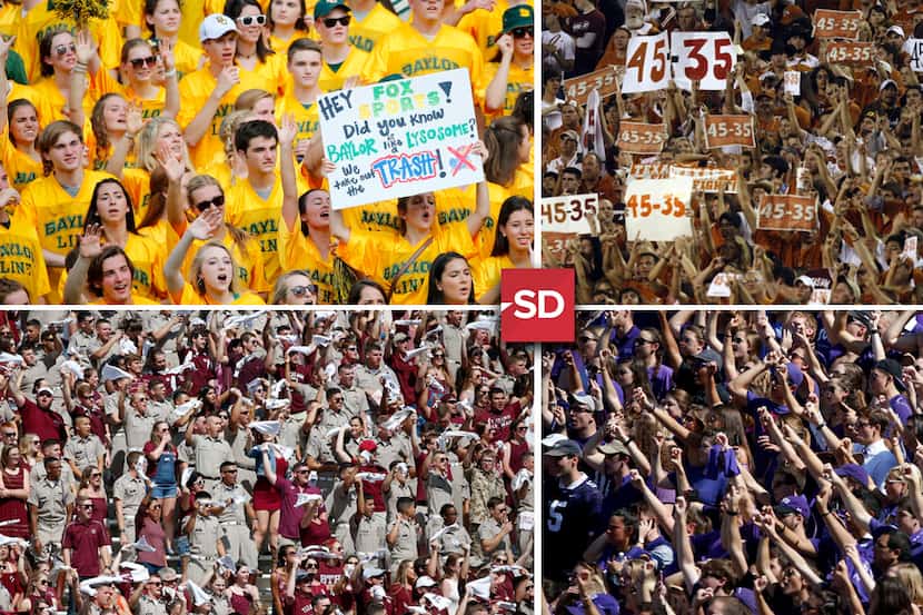 Top left, clockwise: Baylor, Texas, TCU and A&M fans cheer on their teams at home games...