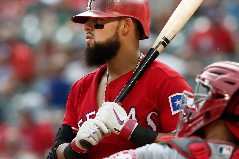 Texas Rangers' Rougned Odor bats against the Los Angeles Angels during the third inning of a...