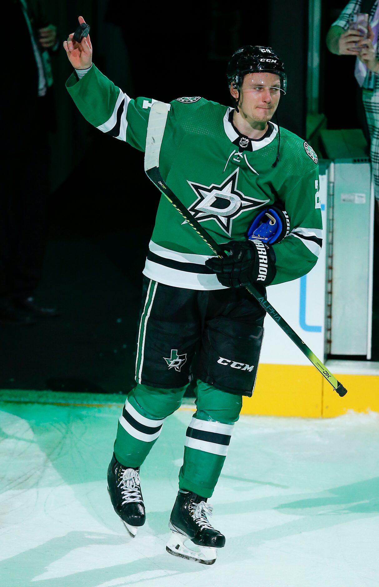 Dallas Stars forward Roope Hintz (24) acknowledges fans after being named the first star of...