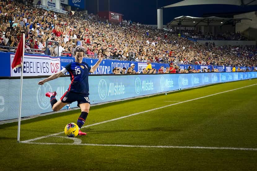 USA forward Megan Rapinoe takes a corner kick during the first half of a SheBelieves Cup...
