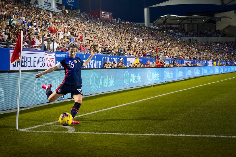 U.S. Women's National Team forward Megan Rapinoe took a corner kick during the first half of...