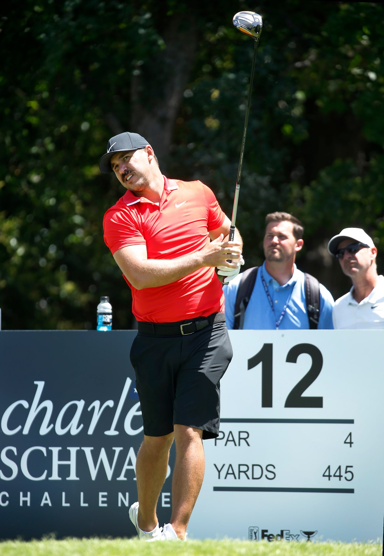 PGA golfer Brooks Koepka tees off on No. 12 during the Charles Schwab Challenge practice...