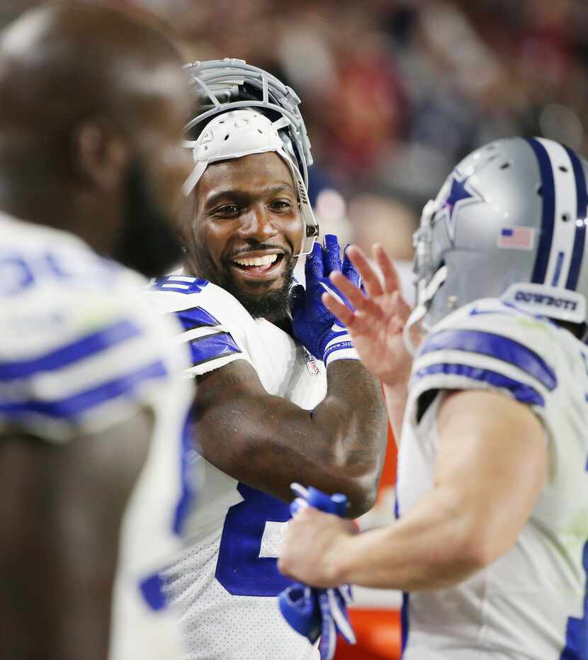 Dallas Cowboys wide receiver Dez Bryant (88) celebrates with wide receiver Ryan Switzer (10)...