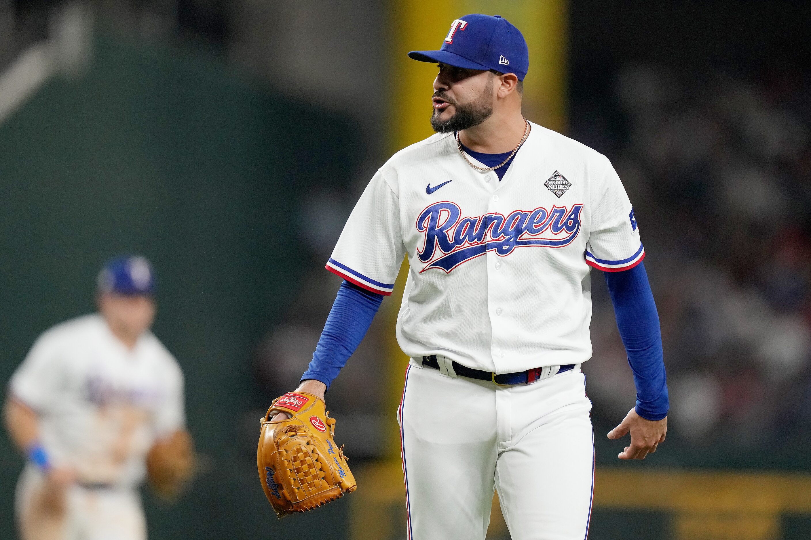 Texas Rangers pitcher Martin Perez after striking out Arizona Diamondbacks' Gabriel Moreno...