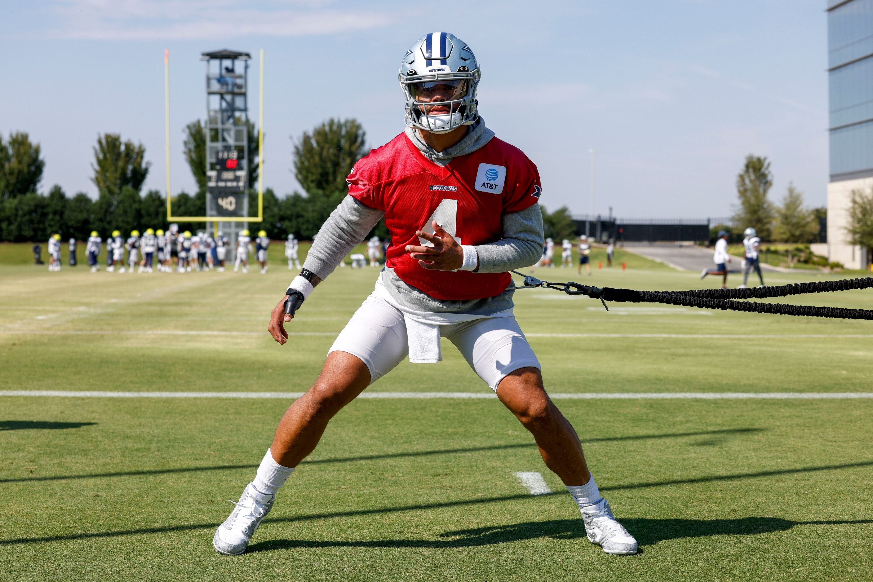 Dallas Cowboys quarterback Dak Prescott (4) trains during a practice at The Star, Thursday,...