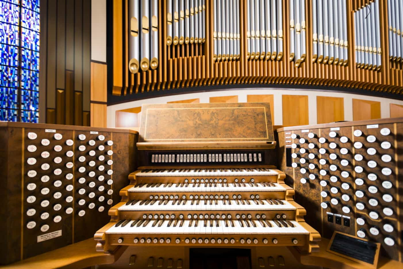 The console and case of the pipe organ at St. Monica Catholic Church in Dallas.  