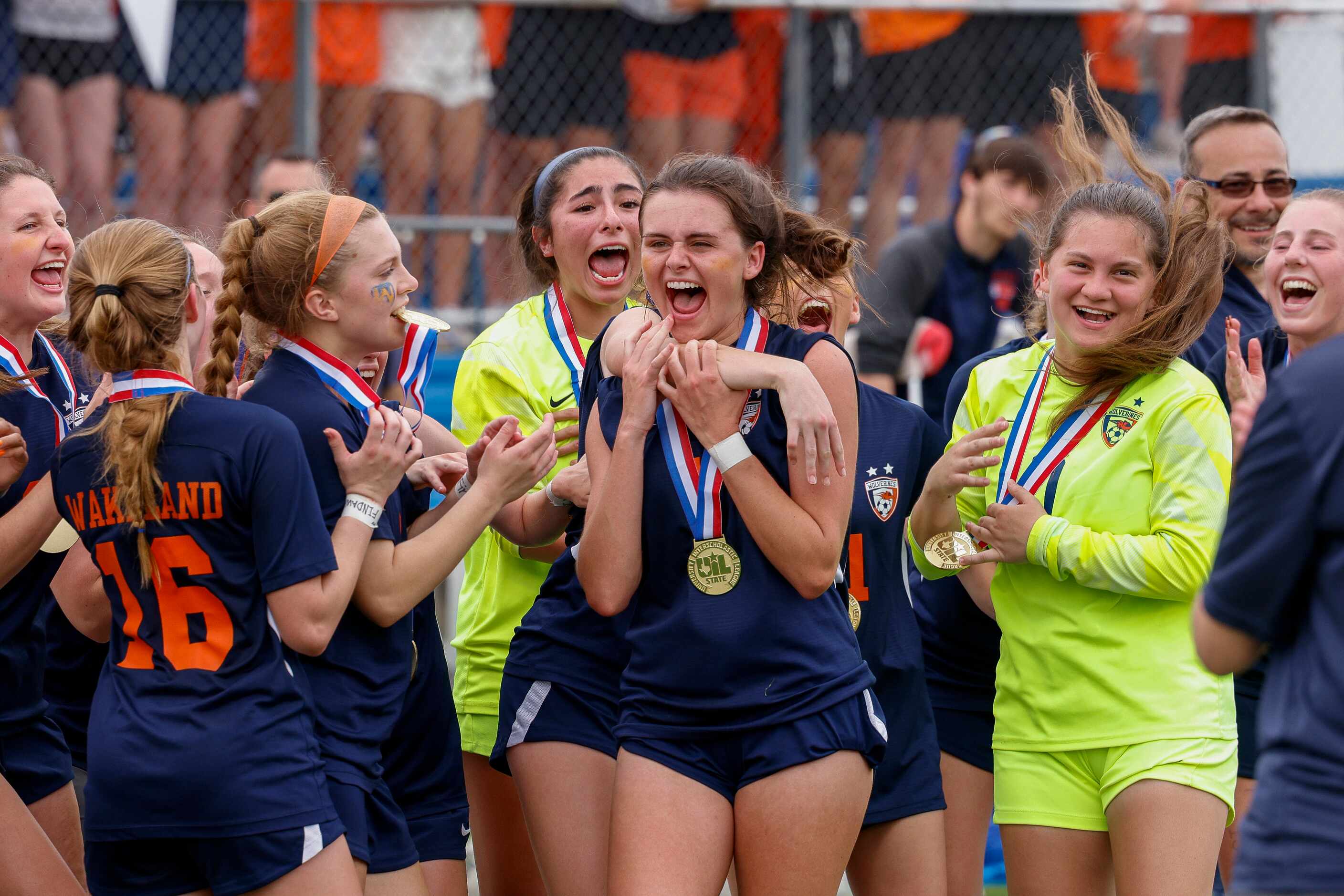 Frisco Wakeland forward Cori Cochran (1) celebrates with teammates after being announced as...