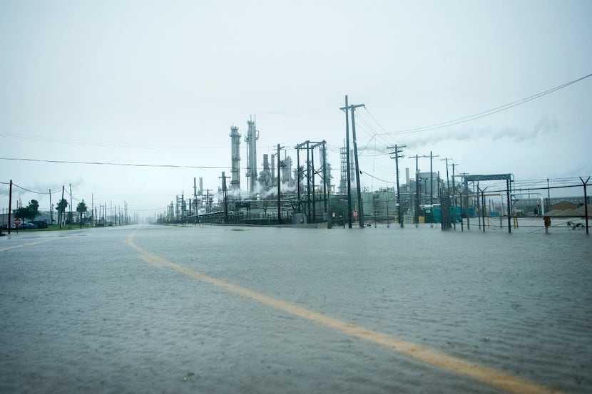 A view of the Marathon Texas City Refinery as it looked Saturday as rain from Hurricane...