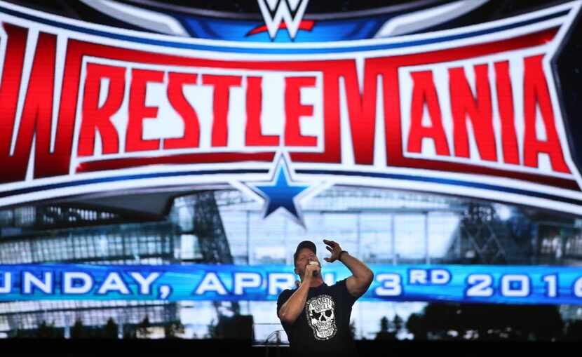 “Stone Cold” Steve Austin cheers on fans at the start of events at the Wrestlemania On-Sale...