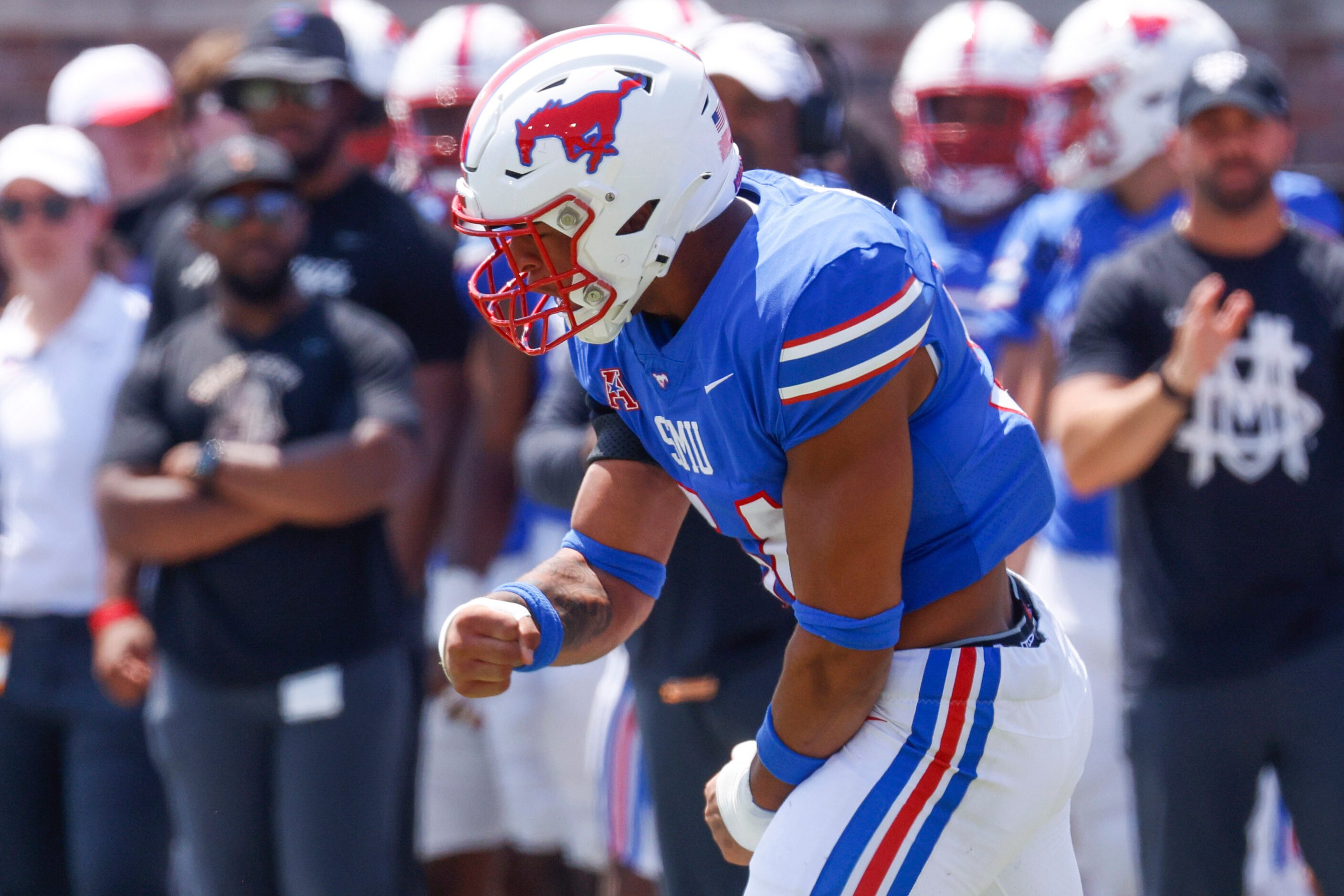 Southern Methodist linebacker Alexander Kilgore reacts after sacking Louisiana Tech...