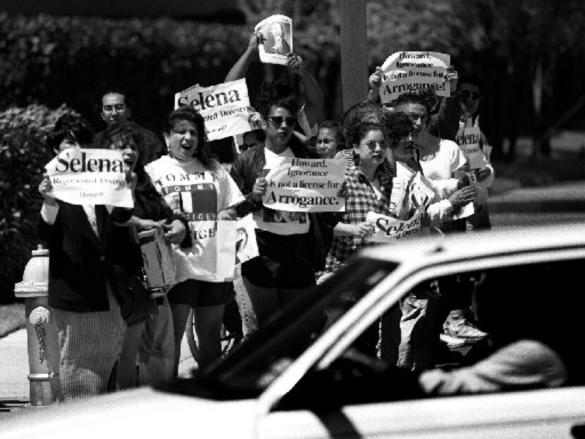 April 7, 1995: About 50 to 60 protesters gather outside KEGL radio in  Las Colinas on April...