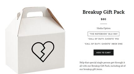 The Breakup Gift Pack includes a Netflix gift card, cookies and a movie or video game.