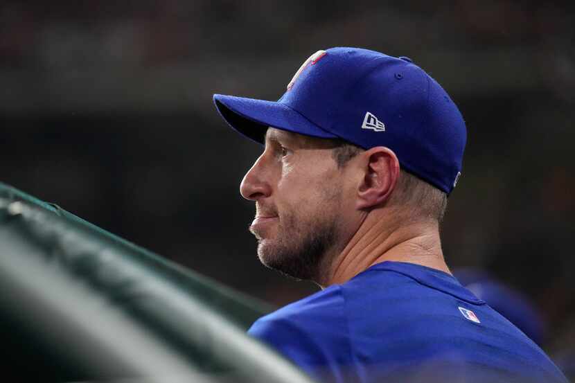 Texas Rangers pitcher Max Scherzer watches as they play the Houston Astros in Game 6 of the...