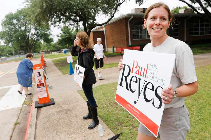 
Claire Reyes and Lacey McGough showed support for their husbands, candidates Paul Reyes and...