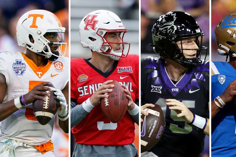 Will the Cowboys select a quarterback in the 2023 NFL draft? From left to right: Tennessee's...