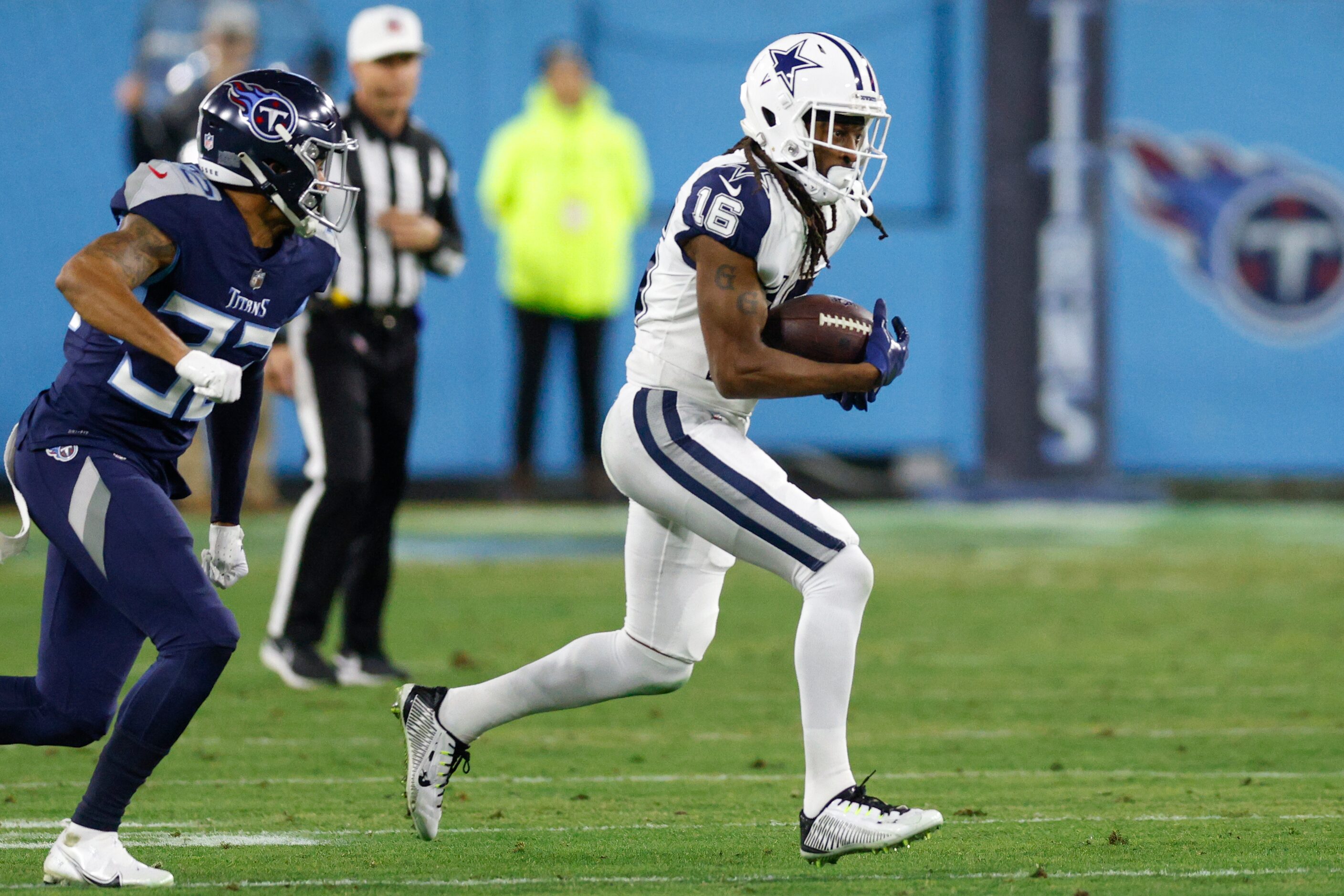 Dallas Cowboys wide receiver T.Y. Hilton (16) hauls in a catch ahead of Tennessee Titans...