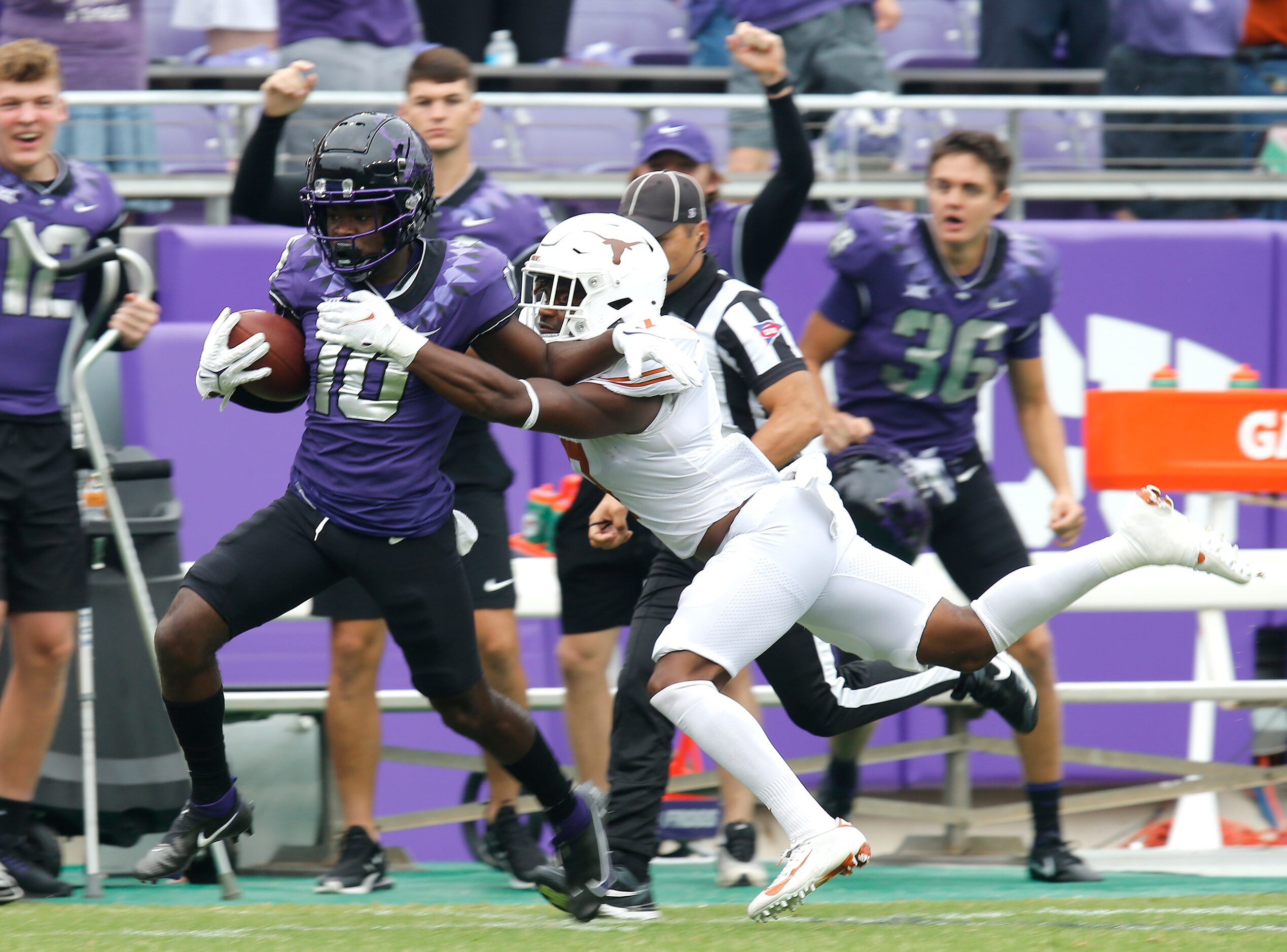 TCU Horned Frogs wide receiver JD Spielman (10) is caught after a long return on the opening...